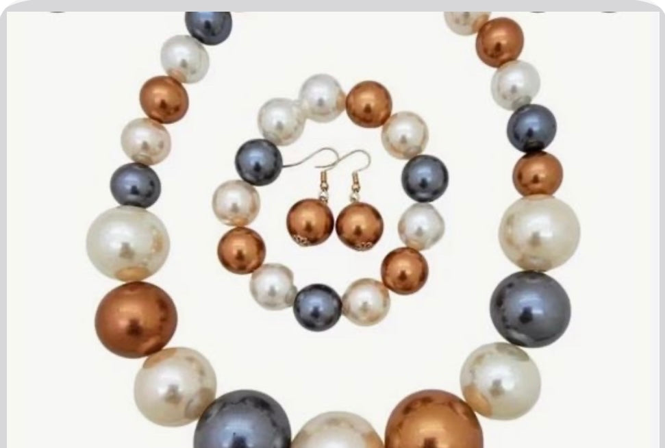 1 Necklace set Fashionable and Elegant Imitation pearl personality Necklace,Bracelet,Earrings blue and brown necklace