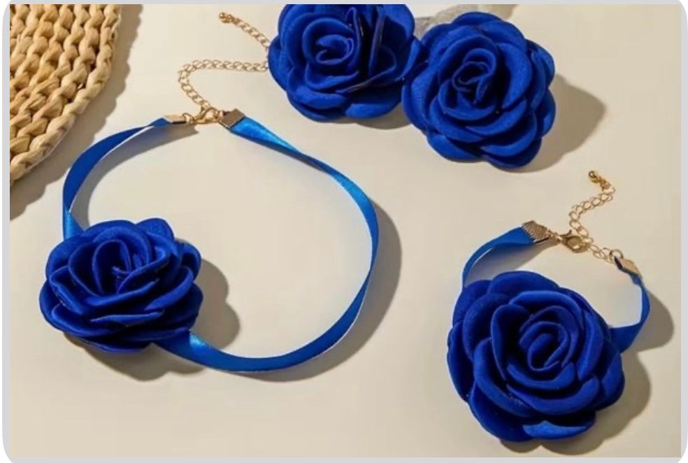 4 pcs French Elegance Rose Velvet Necklace with Burnt Edge Camellia Pendant Jewelry set